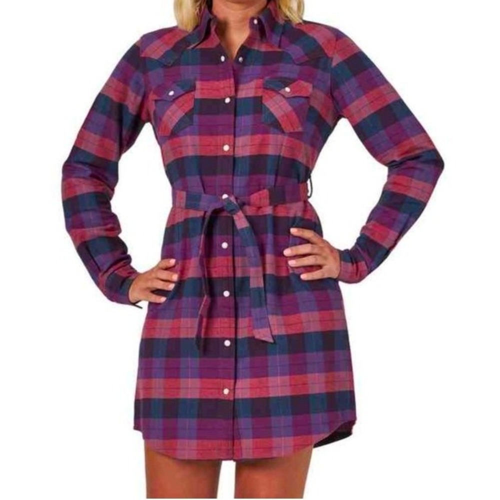 Wrangler Retro Plaid Flannel Pearl Button Shirt Dress Womens Small NWT